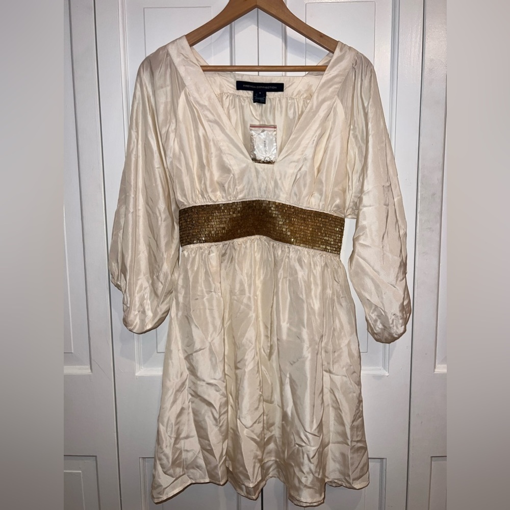 French Connection 100% Silk off white plunging neckline and gold beaded dress